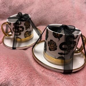 Set of 2 Elegance Black and Gold Snake Print Teacup Set
